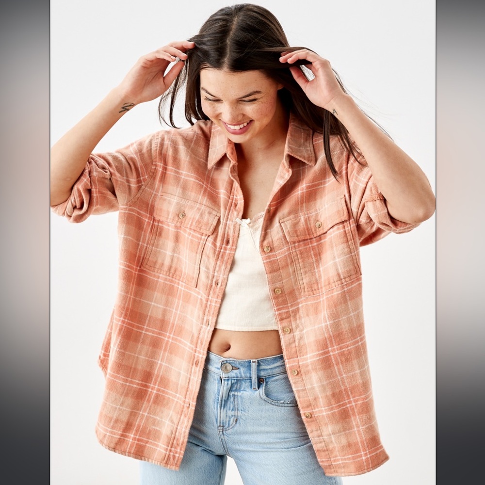🍑 American Eagle Peach Plaid Flannel 🍑